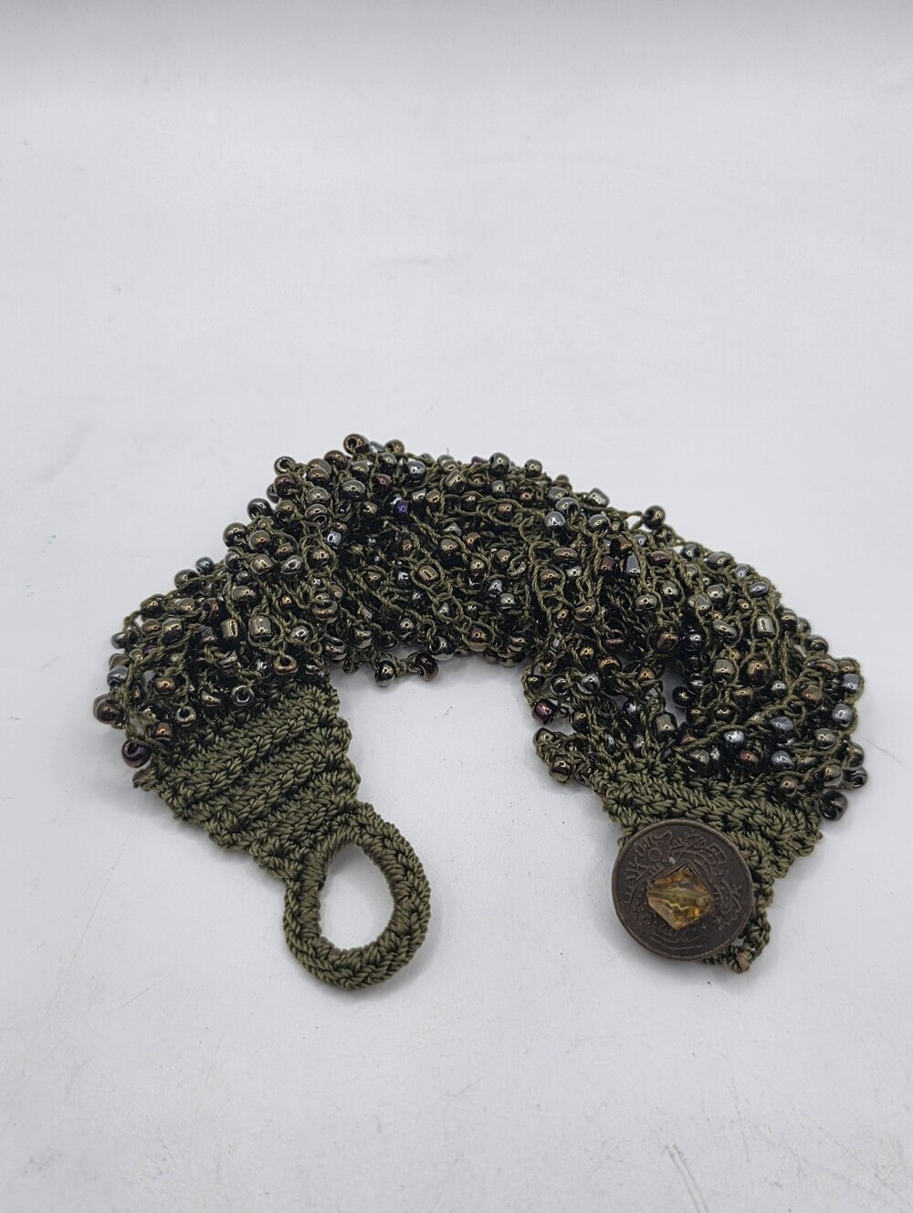 Vintage 1950s Boho Crocheted Seed Bead Cuff Bracelet Olive Green Metallic Button